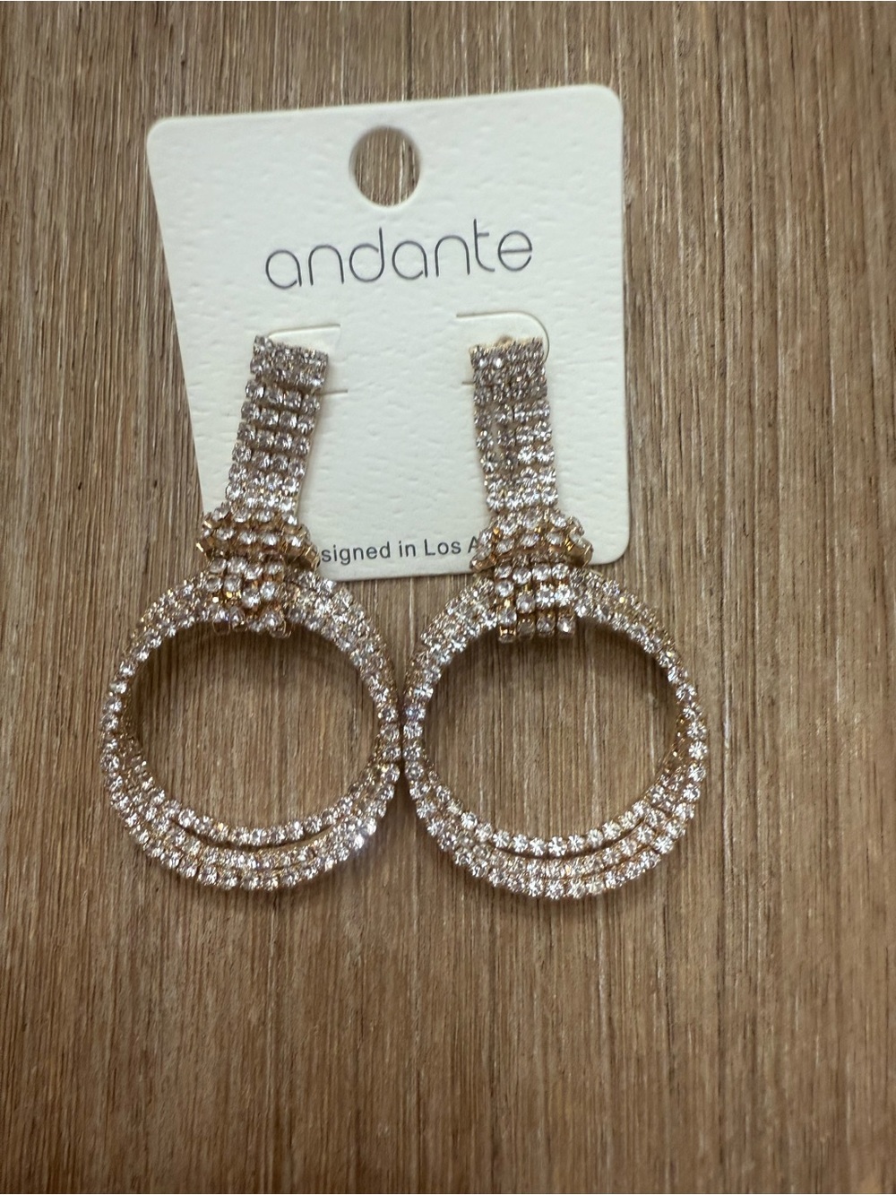 Andante Los Angeles Rhinestone Hoop Drop Earrings – Gold Tone
